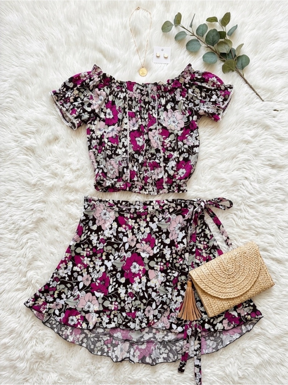 Floral Tie-Waist Wrap Skirt and Off The Shoulder Crop Too Set- Brown and Pink
